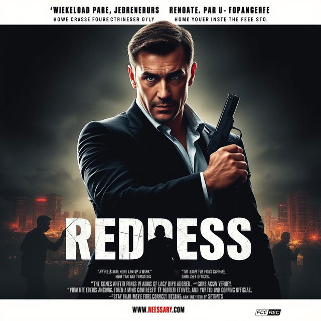 Create an espionage action thriller movie poster for a film titled 'Redress'