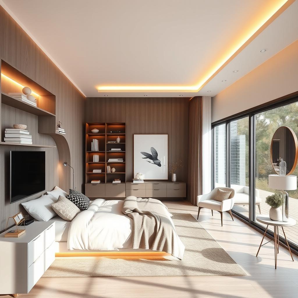 A beautifully designed interior bedroom featuring modern furniture, cozy lighting, and elegant decor