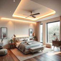 A beautifully designed interior bedroom featuring modern furniture, cozy lighting, and elegant decor