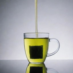 Cup of hot green tea with a tea bag inside, gently releasing its color and flavor into the clear water, up against a calm, neutral background, steam wafting upwards