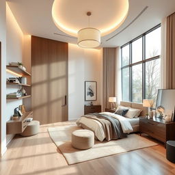 A beautifully designed interior bedroom featuring modern furniture, cozy lighting, and elegant decor