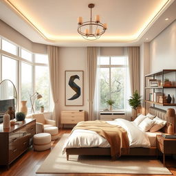 A beautifully designed interior bedroom featuring modern furniture, cozy lighting, and elegant decor