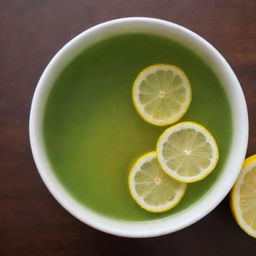 A soothing cup of green tea infused with fresh slices of lemon. The citrus slices float gently in the vibrant green liquid, adding a splash of yellow color.