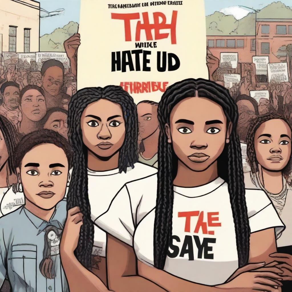 Create a realistic movie poster for 'The Hate U Give' featuring Starr with braids in the middle in a close-up shot