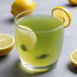 A soothing cup of green tea infused with fresh slices of lemon. The citrus slices float gently in the vibrant green liquid, adding a splash of yellow color.