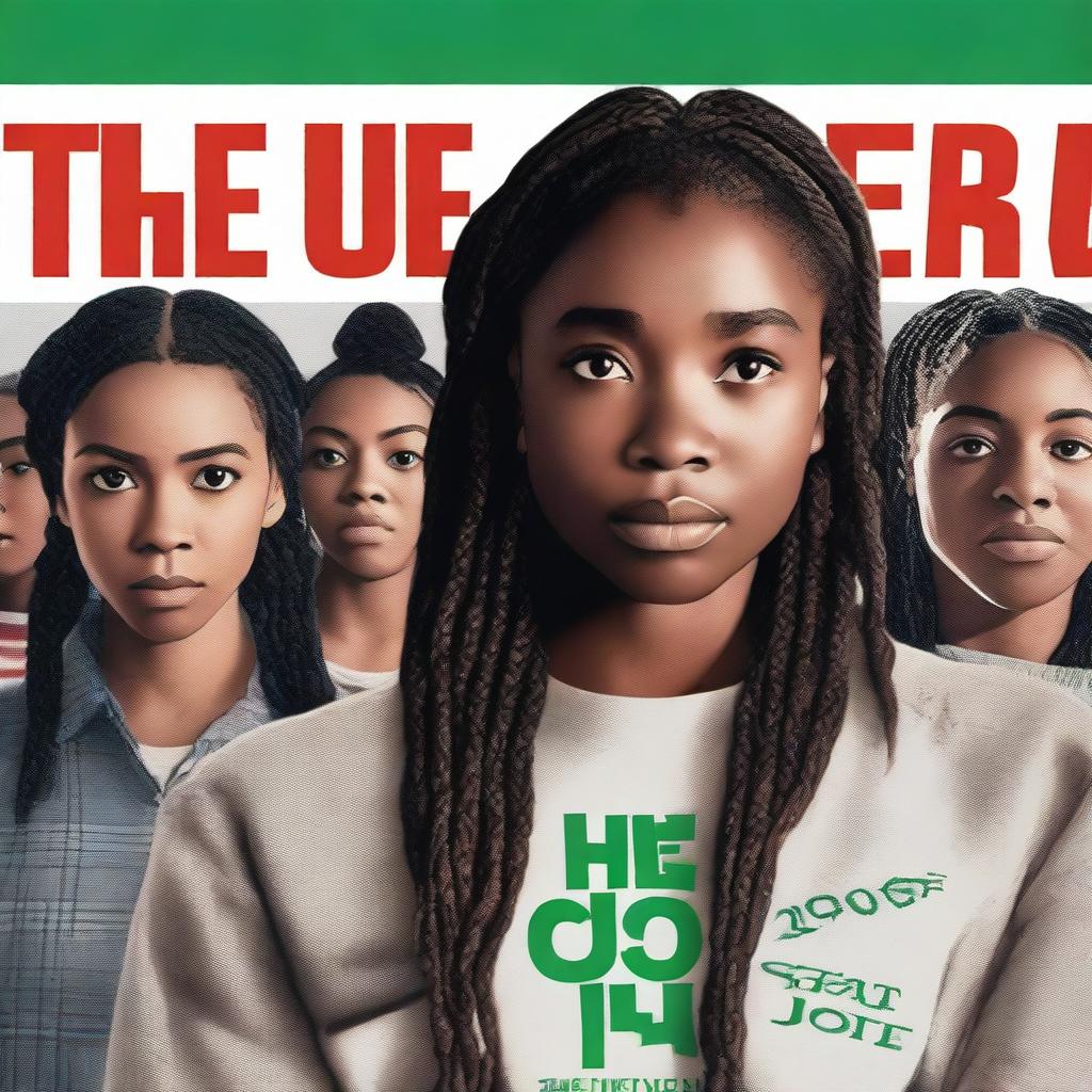 Create a realistic movie poster for 'The Hate U Give' featuring Starr with braids in the middle in a close-up shot