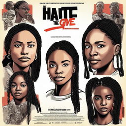 Create a realistic movie poster for 'The Hate U Give' featuring Starr with braids in the middle in a close-up shot