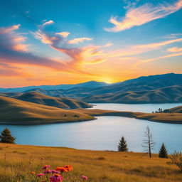 A beautiful landscape with rolling hills, a clear blue sky, and a vibrant sunset