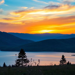 A beautiful landscape with rolling hills, a clear blue sky, and a vibrant sunset