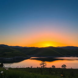 A beautiful landscape with rolling hills, a clear blue sky, and a vibrant sunset