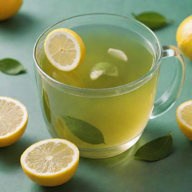 A soothing cup of green tea infused with fresh slices of lemon. The citrus slices float gently in the vibrant green liquid, adding a splash of yellow color.