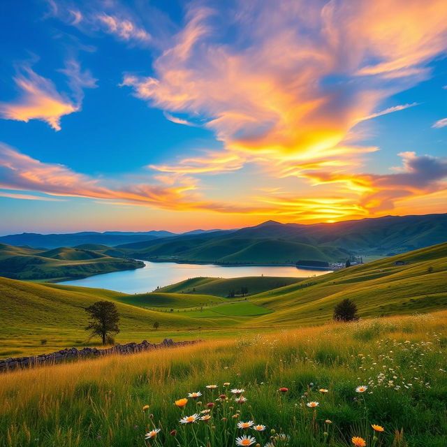 A beautiful landscape with rolling hills, a clear blue sky, and a vibrant sunset