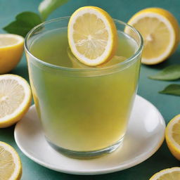 A soothing cup of green tea infused with fresh slices of lemon. The citrus slices float gently in the vibrant green liquid, adding a splash of yellow color.