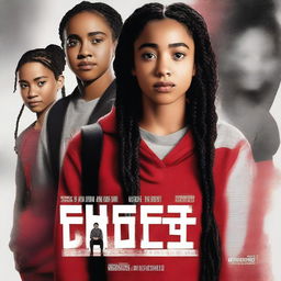 Create a realistic movie poster for 'The Hate U Give' featuring Starr in the middle, who has a backpack on and is wearing a red top or hoodie