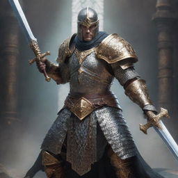 An intimidating half-giant caster dressed in shining chainmail armor, skillfully wielding a massive great sword enveloped in ancient magic.