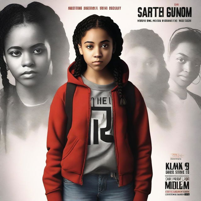 Create a realistic movie poster for 'The Hate U Give' featuring Starr in the middle, who has a backpack on and is wearing a red top or hoodie