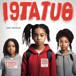 Create a realistic movie poster for 'The Hate U Give' featuring Starr in the middle, who has a backpack on and is wearing a red top or hoodie