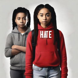 Create a realistic movie poster for 'The Hate U Give' featuring Starr in the middle, who has a backpack on and is wearing a red top or hoodie