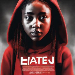 A movie poster for 'The Hate U Give' featuring Starr, a black girl with braids resembling Amandla Stenberg, wearing a red top or hoodie and a backpack