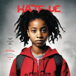 A movie poster for 'The Hate U Give' featuring Starr, a black girl with braids resembling Amandla Stenberg, wearing a red top or hoodie and a backpack