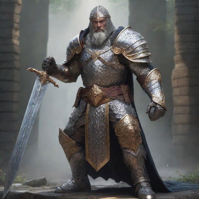 An intimidating half-giant caster dressed in shining chainmail armor, skillfully wielding a massive great sword enveloped in ancient magic.