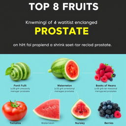 Create an informative and visually appealing image showcasing the top 8 fruits known to help shrink an enlarged prostate