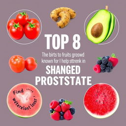 Create an informative and visually appealing image showcasing the top 8 fruits known to help shrink an enlarged prostate