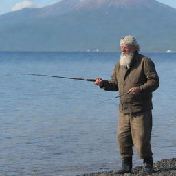 An old tanned man with a gray beard pulling out a fish from the sea using a spinning rod, set against the backdrop of Kamchatka's coast