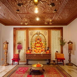 A tranquil Pooja room furnished with gleaming brass statues, carved teakwood furniture, sandalwood incense filling the air, warm glow from oil lamps illuminating ornate patterns on vibrant carpets, all under a floral ceiling.