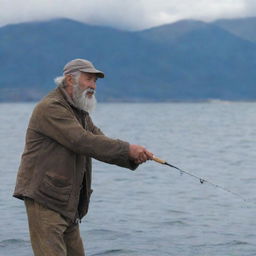 An old tanned man with a gray beard pulling out a fish from the sea using a spinning rod, set against the backdrop of Kamchatka's coast