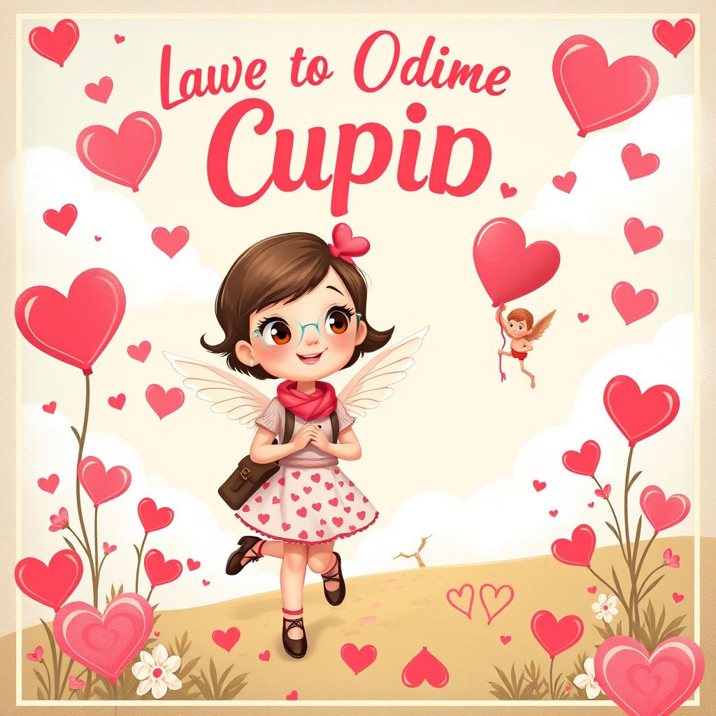 Create a cutesy movie poster featuring a girl on a whimsical journey to find Cupid to help her find true love