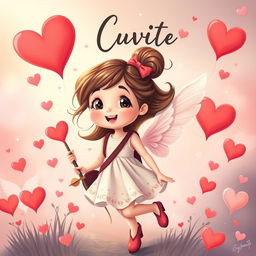 Create a cutesy movie poster featuring a girl on a whimsical journey to find Cupid to help her find true love