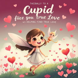 Create a cutesy movie poster featuring a girl on a whimsical journey to find Cupid to help her find true love