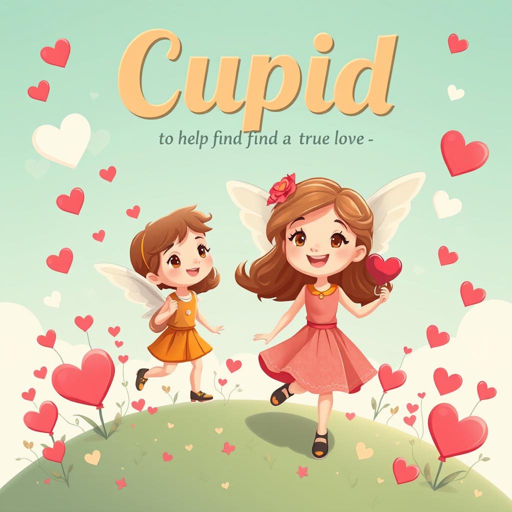 Create a cutesy movie poster featuring a girl on a whimsical journey to find Cupid to help her find true love