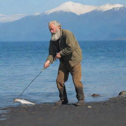 An old tanned man with a gray beard pulling out a fish from the sea using a spinning rod, set against the backdrop of Kamchatka's coast