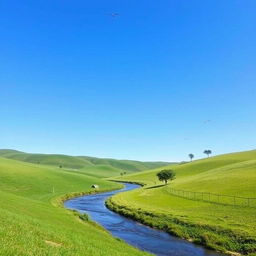 A serene landscape with a clear blue sky, green rolling hills, and a gentle river flowing through