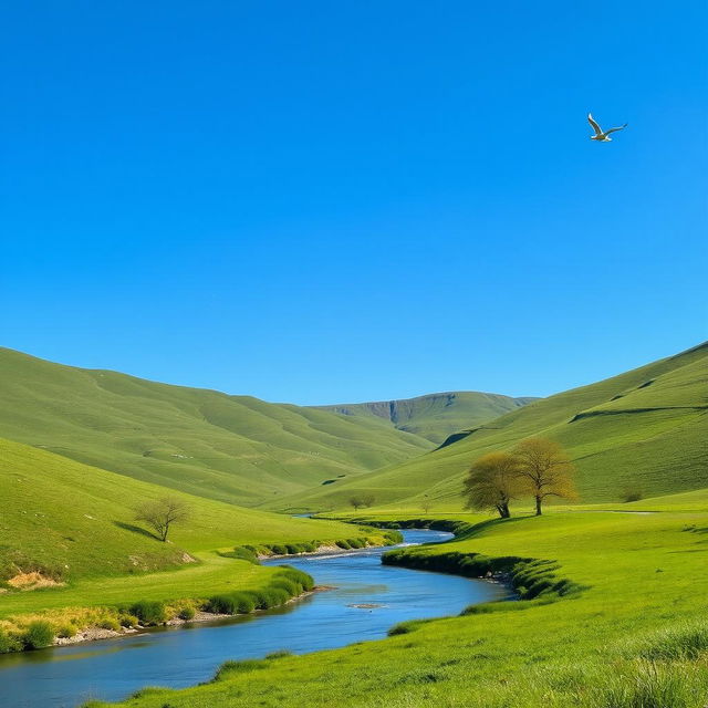 A serene landscape with a clear blue sky, green rolling hills, and a gentle river flowing through