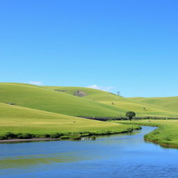 A serene landscape with a clear blue sky, green rolling hills, and a gentle river flowing through