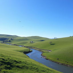 A serene landscape with a clear blue sky, green rolling hills, and a gentle river flowing through