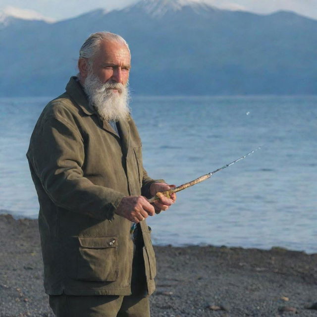 An old tanned man with a gray beard pulling out a fish from the sea using a spinning rod, set against the backdrop of Kamchatka's coast