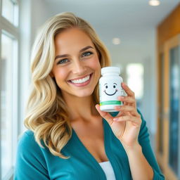 A beautiful blonde woman with a radiant smile is holding a pill bottle with a happy face on it