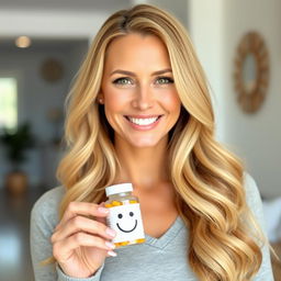 A beautiful blonde woman with a radiant smile is holding a pill bottle with a happy face on it