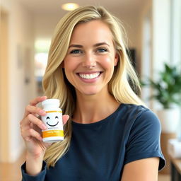 A beautiful blonde woman with a radiant smile is holding a pill bottle with a happy face on it