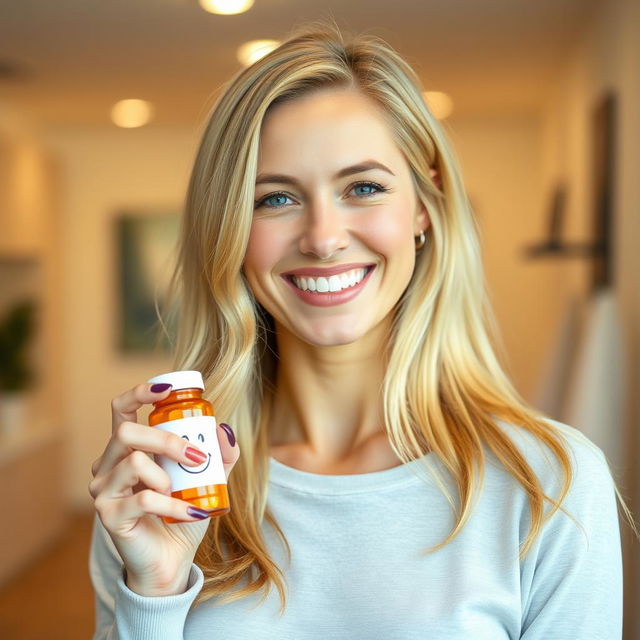 A beautiful blonde woman with a radiant smile is holding a pill bottle with a happy face on it