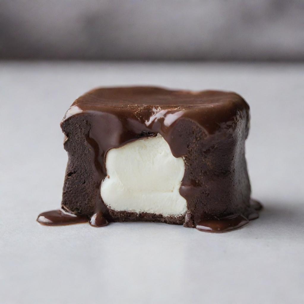 A close-up view of a dark chocolate marshmallow slowly melting, revealing a gooey center and the rich texture