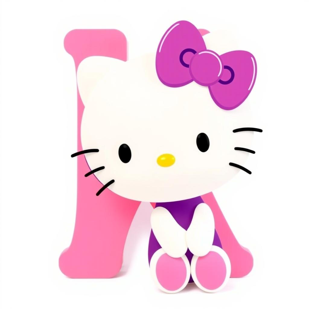 A cute Hello Kitty character with a purple bow, sitting in front of a giant pink letter K