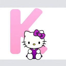 A cute Hello Kitty character with a purple bow, sitting in front of a giant pink letter K