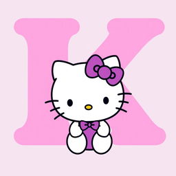 A cute Hello Kitty character with a purple bow, sitting in front of a giant pink letter K