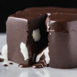 A close-up view of a dark chocolate marshmallow slowly melting, revealing a gooey center and the rich texture