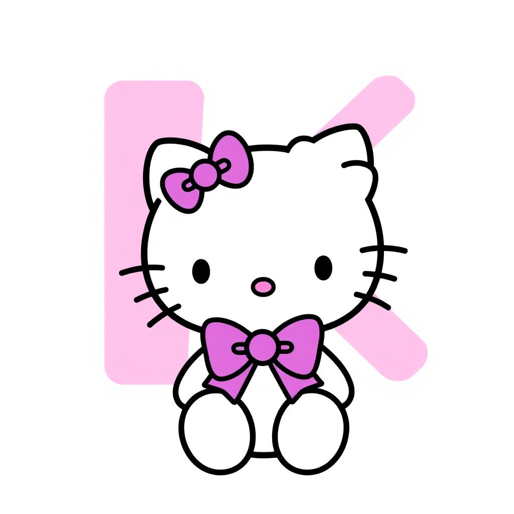 A cute Hello Kitty character with a purple bow, sitting in front of a giant pink letter K